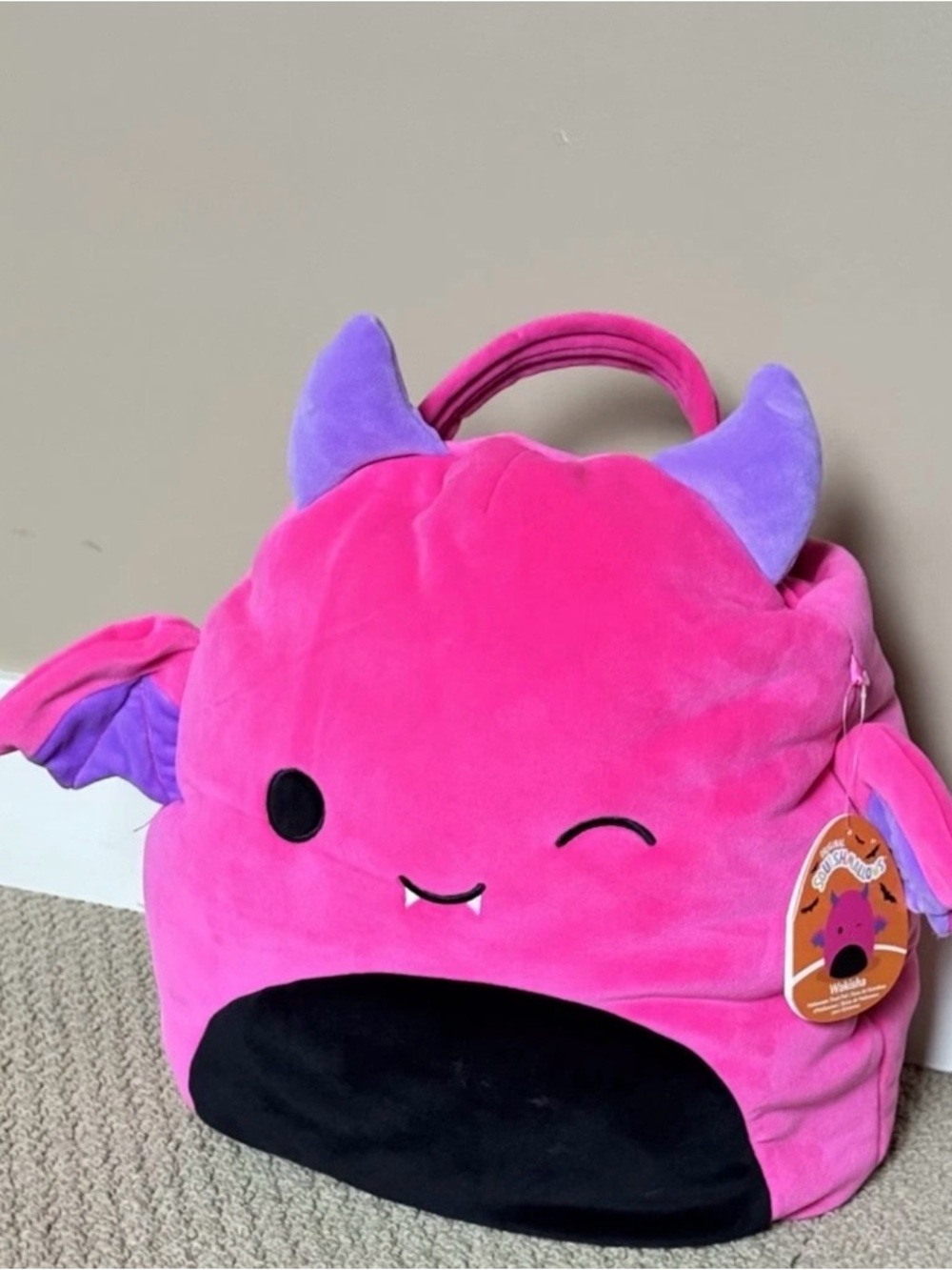 NWT Squishmallows Pink Monster Wakisha with Purple Horns and deep pocket 16”